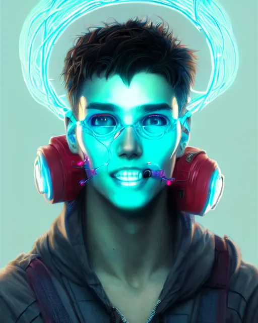 Image similar to portrait, cute boy monster, cyberpunk, wires, horror, happy, highly detailed, digital painting, cinematic, hyperrealism, dark retrowave, art by stanley lau and artgerm and magali villeneuve and alphonse mucha, artstation, octane render, cgsociety