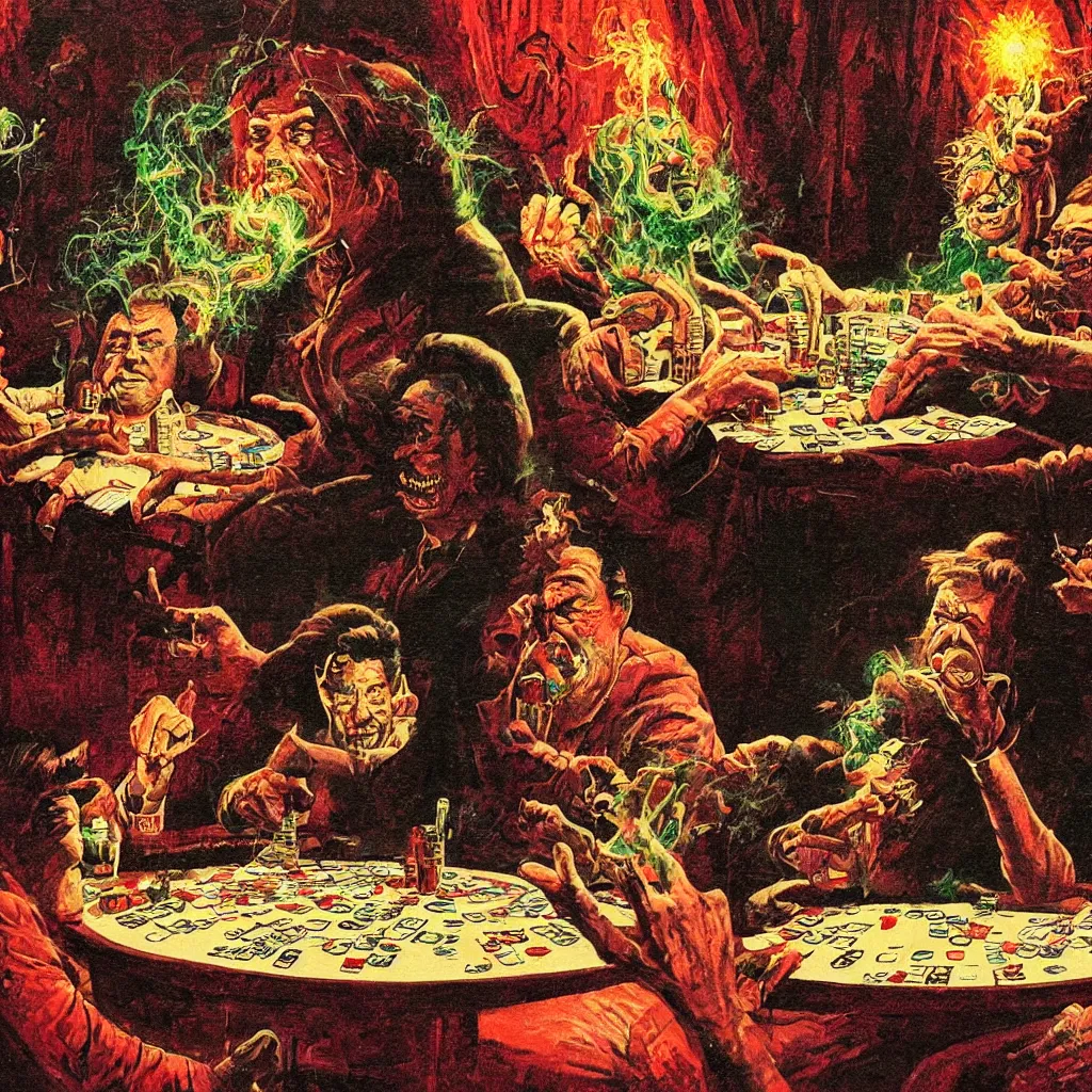 Prompt: portrait of bill hicks playing poker and smoking, vivid colors, perfect faces, in the art style of virgil finlay, paul lehr, frank kelly freas, wayne barlowe, bob pepper, wally wood, moebius, h. r. giger, frank frazetta, richard m. powers. digital art, concept render.