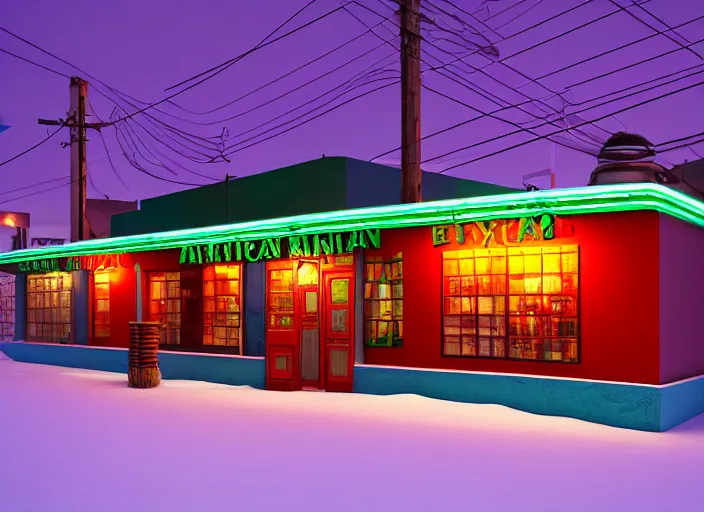 Image similar to exterior photo of a lone mexican restaurant, neon lights, vaporware, in a flat snowy field. 15mm. Very detailed 8k. Sharp. Cinematic post-processing. Unreal engine. Nanite. Ray tracing. Parallax. Tessellation
