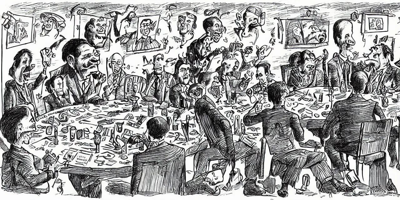 Image similar to surreal caricature sketch by r. crumb, theme of giant insects playing cards while seated around a round table