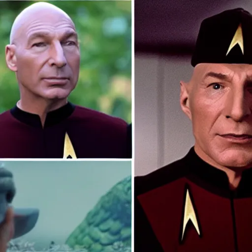 Image similar to jean - luc picard in star trek wearing an avocado for a hat and a face