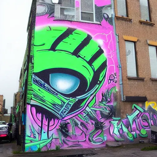 Image similar to aliens taking over a city, graffiti art