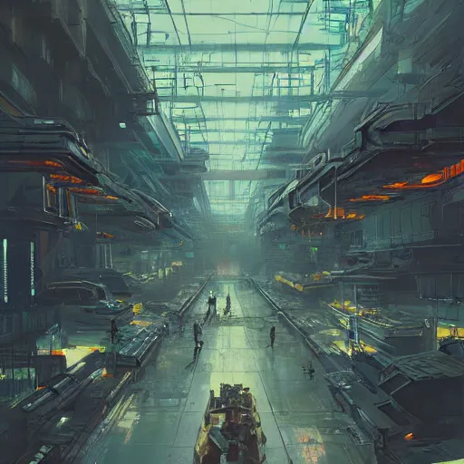 Image similar to concept art of a cyberpunk factory filled with drone workers, grimy, gritty, blade runner 2 0 4 9, trending on artstation, award winning painting, cgi, art by john berkey and anton fadeev and john howe and simon stalenhag