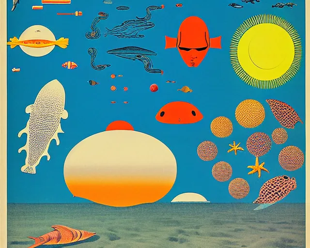 Image similar to 1976 science fiction poster, cut out collage, nouvelle vague, beach on the outer rim, kabuki theater, tropical sea creatures, aquatic plants, drawings in style of Ernst Haeckl, composition William S Boroughs, written by Ernst Jandl