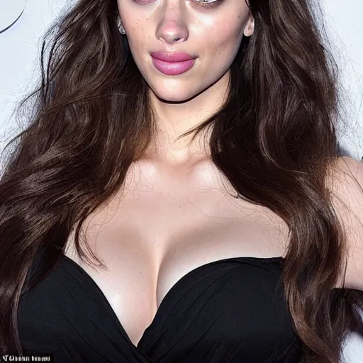 Image similar to a woman who is a genetic combination of kim kardashian and kat dennings and scarlett johansson and margot robbie and emma watson, face and upper - body focus