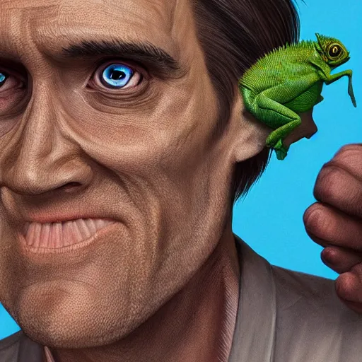 Image similar to digital art of Jim Carrey disguised as a chameleon, artstation,8k, detailed,hd,hq,award winning art