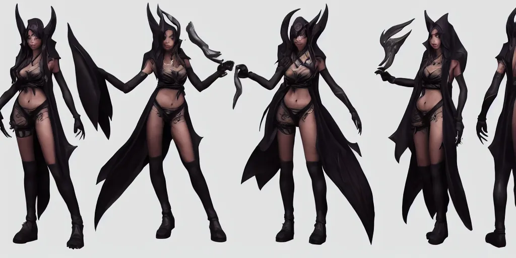 Image similar to Character sheet of coven Akali (League of Legends). 3d render, octane render, game art, realistic, highly detailed, trending on artstation, 4k, trending on artstation, pixar, cgsociety, unreal engine 5, redshift render, trending on artstation, blender, behance, cg