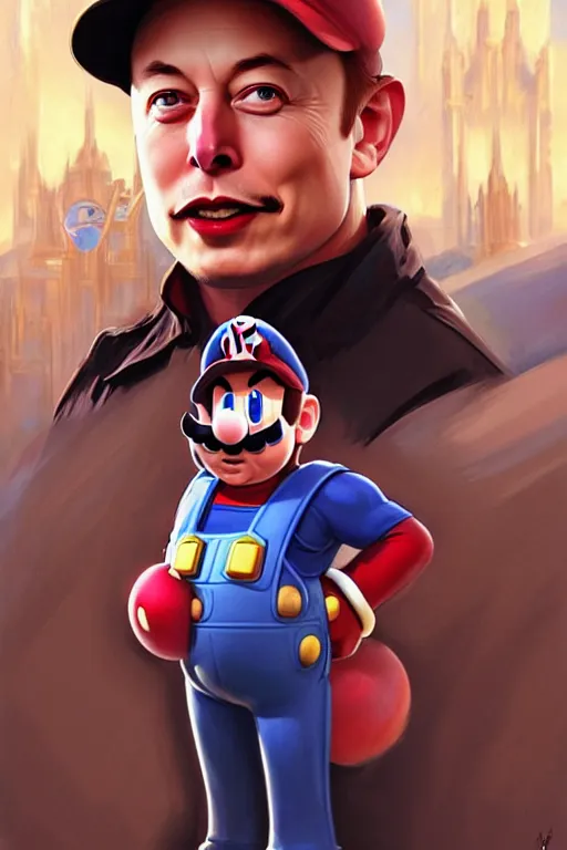 Image similar to elon musk as mario from the super mario bros, realistic portrait, symmetrical, highly detailed, digital painting, artstation, concept art, smooth, sharp focus, illustration, cinematic lighting, art by artgerm and greg rutkowski and alphonse mucha