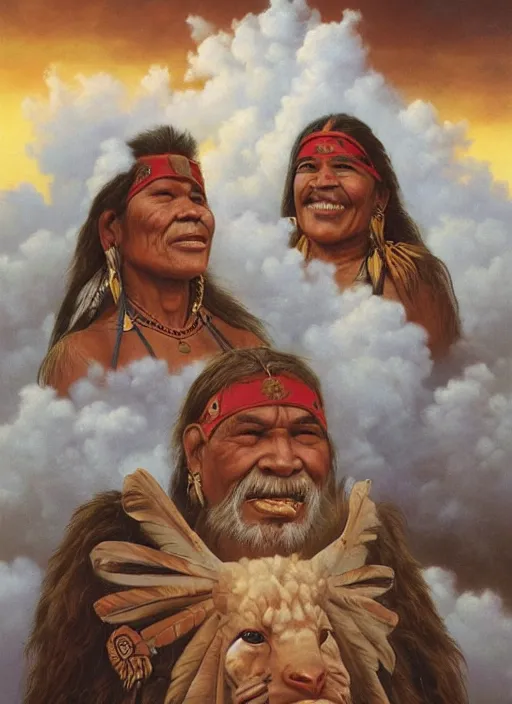 Image similar to faces of indigenous amazonian grandfathers and grandmothers spirits in the clouds, smiling, protection, benevolence, ancestors, detailed faces, art by christophe vacher