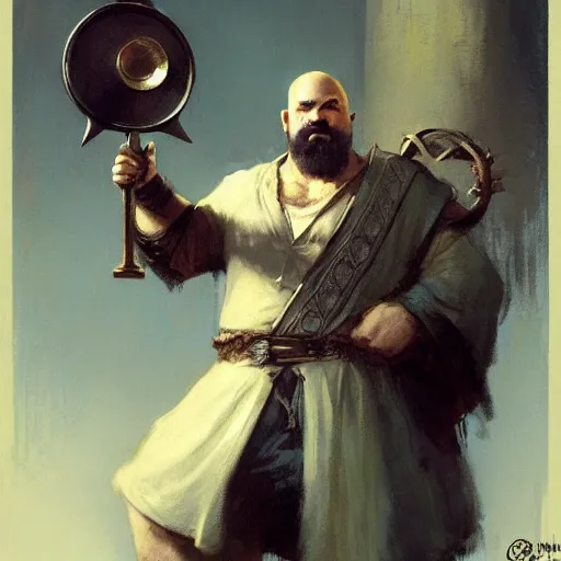 Prompt: well - groomed burly bard, thick goatee, bald, thoughtful expression, holding a gong, fantasy character portrait by greg rutkowski, gaston bussiere, craig mullins