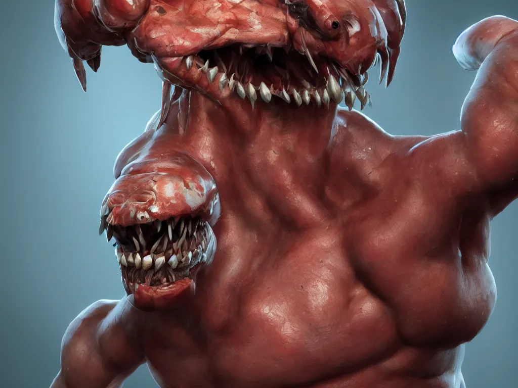 Image similar to game concept art, muscular, shrimp head, sharp teeth, hyperrealism, artstation, cgsociety, zbrush, no background