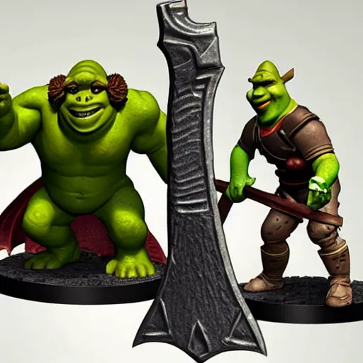 Image similar to a dungeons and dragons miniature of shrek wielding an axe, onlooking players are horrified