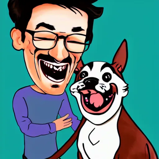 Image similar to a caricature of Markiplier laughing happily as he pets his dog, caricature art style.