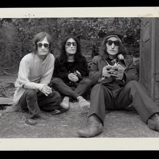 Image similar to john lennon and yoko ono smoking with an old nepali man from 1970s era, vintage photograph