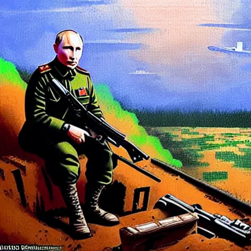 Image similar to Putin is sitting in the trenches and defending himself from Ukrainian troops, Retro futuristic painting style