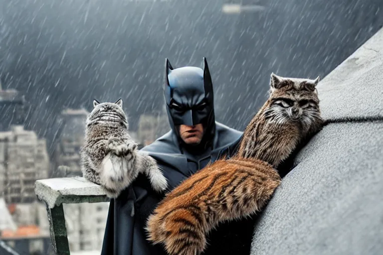 Image similar to Batman petting his Pallas cat on a rooftop, by Emmanuel Lubezki