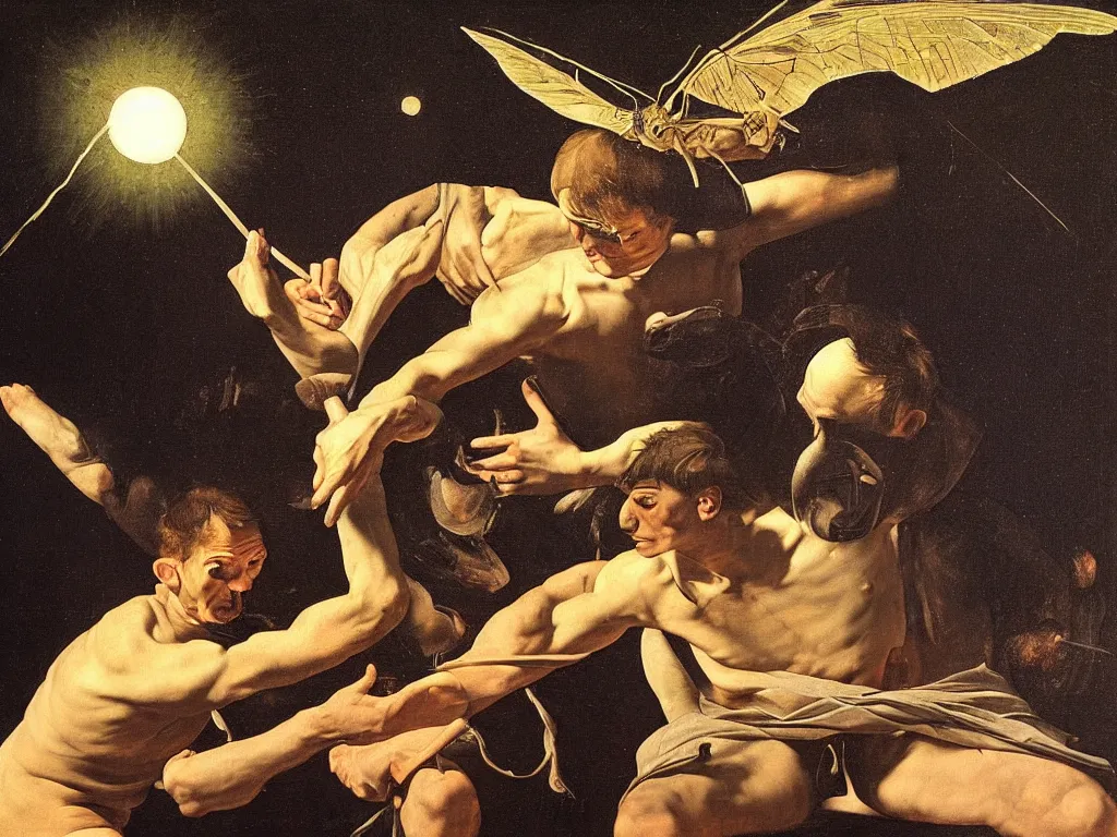 Prompt: Man fighting a phosphorescent moth under the stars, painting by Caravaggio