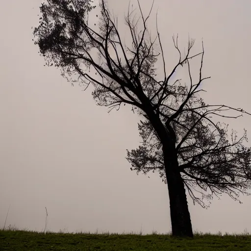 Image similar to photo of a tree with fire surrounding, scary, grey fog, dark sky