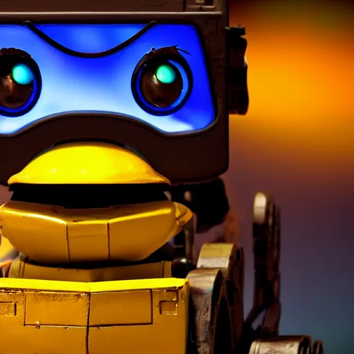 Image similar to wall - e, blue and yellow glowing lights, dark, highly detailed, close up