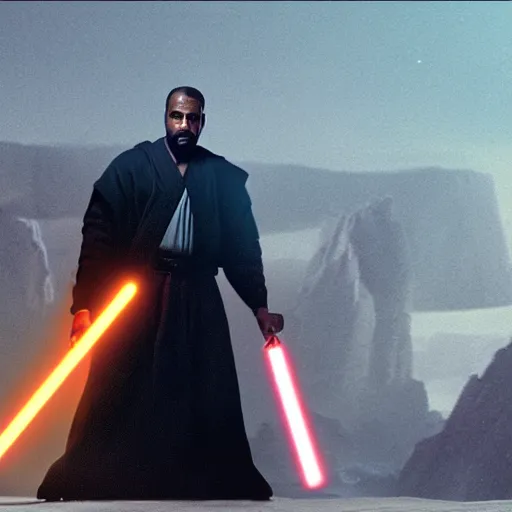 Image similar to Portrait of Kanye West as a jedi in Star Wars, holding lightsabre. splash art, cinematic lighting, dramatic, octane render, long lens, shallow depth of field, bokeh, anamorphic lens flare, 8k, hyper detailed, 35mm film grain