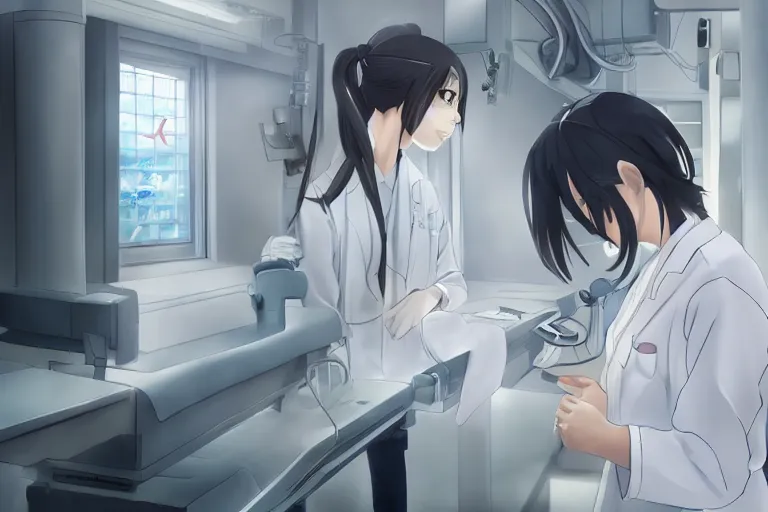 Lexica  Beautiful anime girl with short white hair wearing lab coat and  glasses holding a clipboard standing inside a research facility  characte