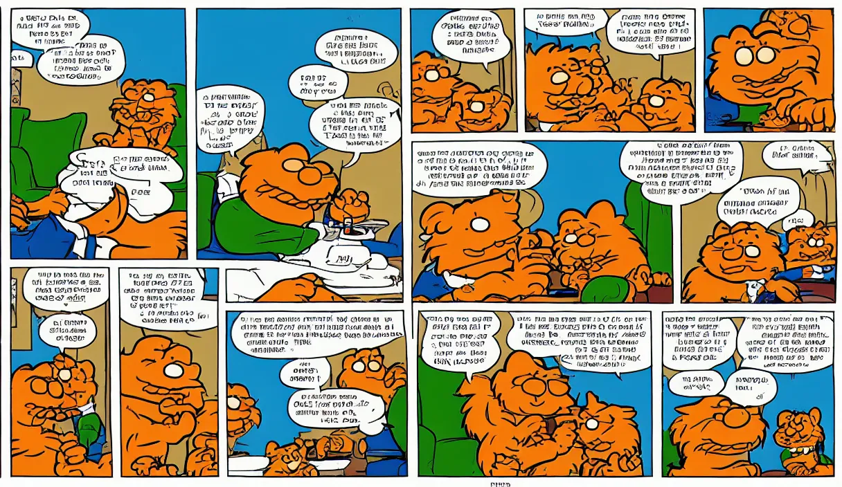 Image similar to garfield comic strip, 3 panels, illustrated by Jim Davis