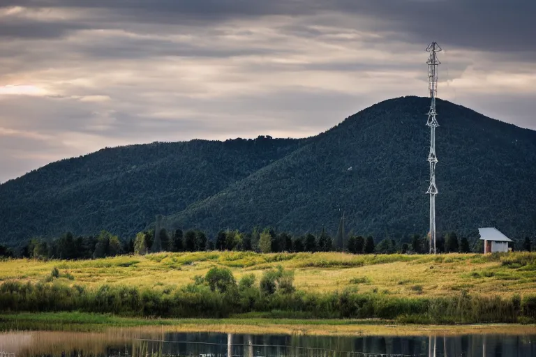 Image similar to a hill with a radio tower next to a pond, hills in background. telephoto lens photography.
