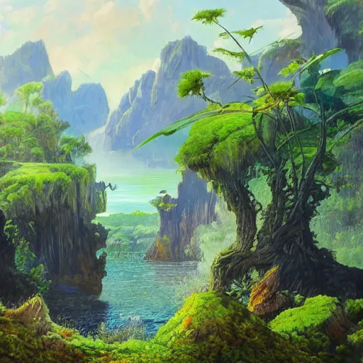 Image similar to painting of a lush natural scene on an alien planet by wojchiech siudmak. beautiful landscape. weird vegetation. cliffs and water.