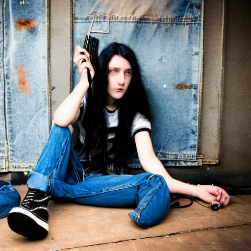 Image similar to 19-year-old girl with long shaggy black hair, wearing denim jacket and bell-bell-bottom jeans, playing electric guitar, stoner metal concert, heavy blues rock, doom metal, 30mm photography