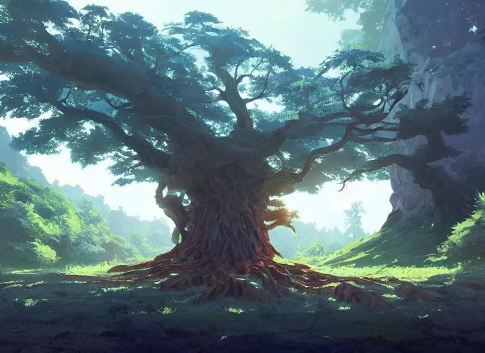 Image similar to concept art painting of a giant oak tree surrounded by forest and mountains, realistic, by makoto shinkai and moebius and anton fadeev and greg rutkowski and james gurney