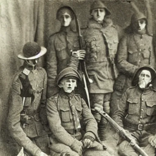 Prompt: close up of creepy occultist soldiers, ww 1 photograph, photoreal