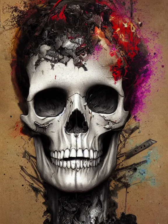 Prompt: art portrait of a skull, decaying ,8k,by tristan eaton,Stanley Artgermm,Tom Bagshaw,Greg Rutkowski,Carne Griffiths,trending on DeviantArt,face enhance,hyper detailed,minimalist,cybernetic, android, blade runner,full of colour,