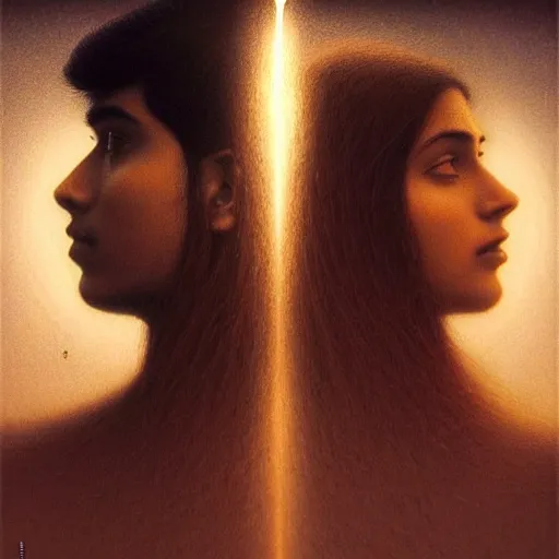 Image similar to perfectly - centered movie promotional poster - photograph of a young indian guy and a beautiful girl side profile faces symmetrical ; real life portrait by beksinski and jean delville, romantic theme, two lovers sharing one heart, unreal engine 5, photorealism, hd quality, 8 k resolution, cinema 4 d, hdr dramatic lighting ; symmetrical, cinematic, high coherence