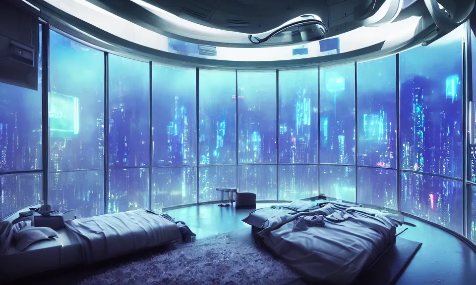 Image similar to a futuristic bedroom with large curved ceiling high windows looking out to a far future cyberpunk cityscape, cyberpunk neon lights, raining, scifi