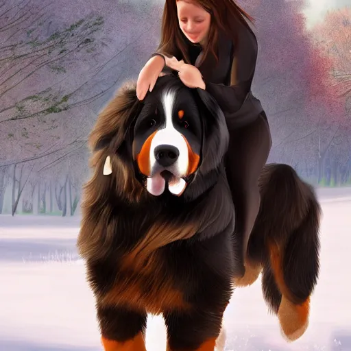 Image similar to girl riding giant Bernese Mountain Dog in the park, trending on artstation