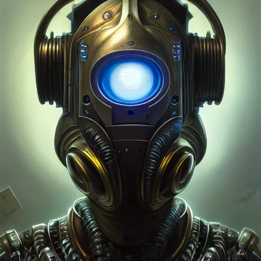 Image similar to front shot of a cyberpunk gazmask robot character, intricate, elegant, highly detailed, centered, digital painting, artstation, concept art, smooth, sharp focus, illustration, artgerm, Tomasz Alen Kopera, Peter Mohrbacher, donato giancola, Joseph Christian Leyendecker, WLOP, Boris Vallejo