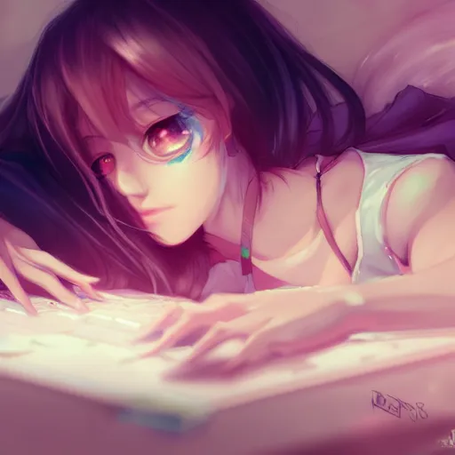 Prompt: digital!! anime art!!, gamer girl in a messy bedroom sleeping on her desk, wlop, rossdraws, artgerm, ross tran