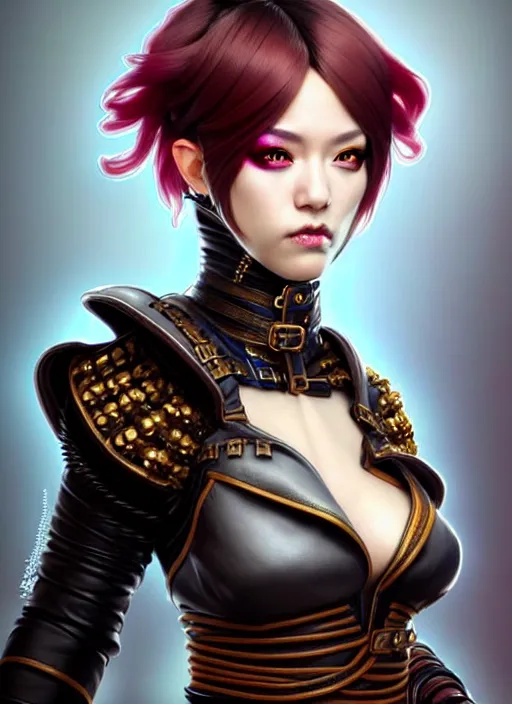 Image similar to rogue, fantasy ornate leather bandit outfit!!! close - up portrait beautiful and athletic short hair female!! gorgeous face and eyes!! character concept art, sharp focus, octane render! unreal engine 5! highly rendered!! trending on artstation!! detailed linework!! illustration by artgerm, wlop, and chie yoshii