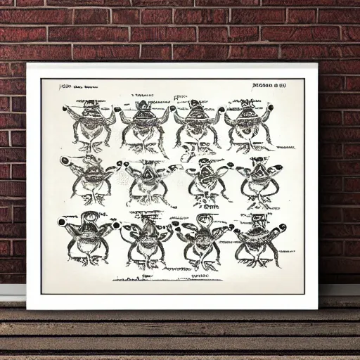 Prompt: full page antique lithograph blueprint of frogs, White background, art print, clean brush stroke