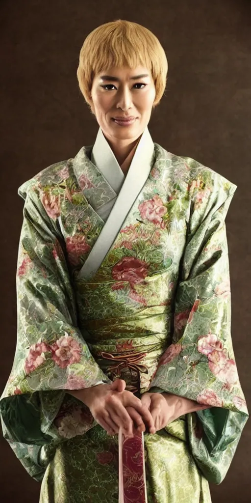 Image similar to cersei lannister japanese ukyo style, she is wearing a kimono, rice paper