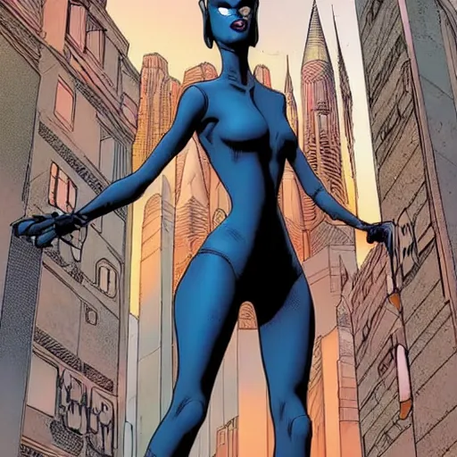 Prompt: Tall beautiful female witch with dark hair, futuristic, alien cityscape, symmetrical features, full body, face visible, graphic novel, colourful, 2D matte, art by Frank Quitely and Moebius,