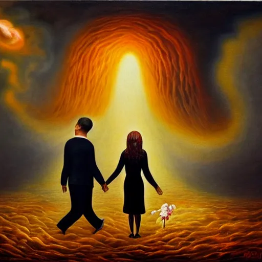 Prompt: couple walking hand in hand, in heaven and hell at the same time, surrealistic oil painting, beautiful, intricate, hell in the bottom, heaven in the top, very detailed