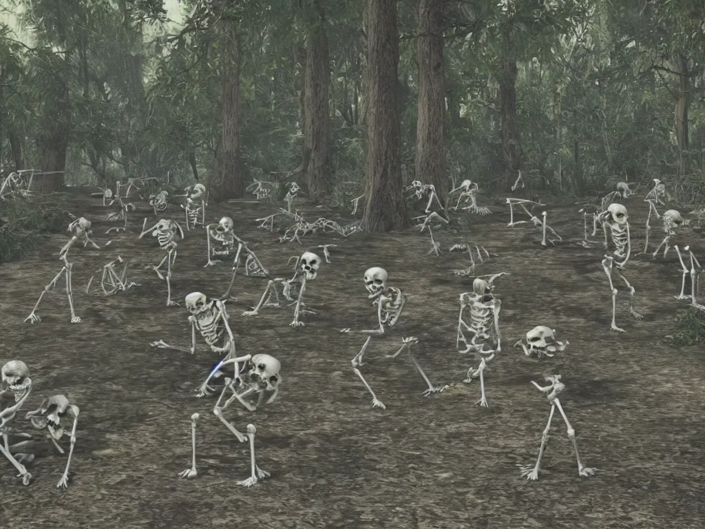 Image similar to frightened screaming human skeletons on amateur home video being attacked by raccoons at night in a dark forest at night, photorealistic amateur photography low camera angle, unreal engine 5 render