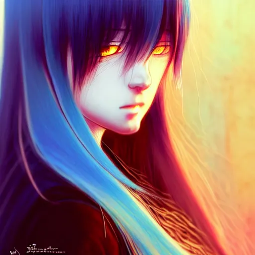 Image similar to full face shot of rimuru tempest, sky blue straight hair, long bangs, with amber eyes, wearing a black jacket, high collar, ultra detailed, concept art, award winning photography, digital painting, cinematic, wlop artstation, closeup, pixiv, evil, yoshitaka amano, andy warhol, ilya kuvshinov,