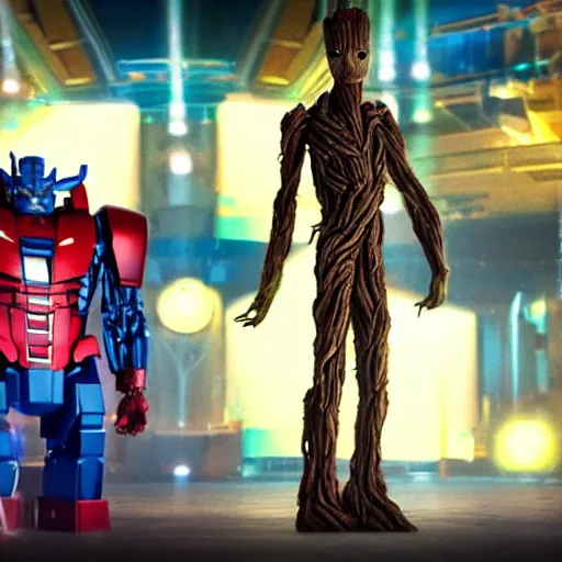 Image similar to groot and optimus prime dancing at techno party among people, wide shoot, after effect, ultra realistic 3 d