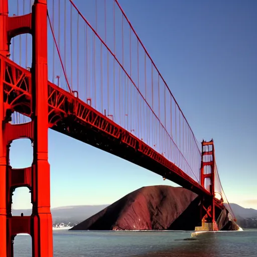 Prompt: golden gate bridge, upside down, San Francisco Bay, photorealistic, golden hour lighting, detailed