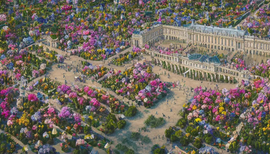 Prompt: palace of versailles covered by flowers, sunny day, crowd, hyperdetailed, artstation, cgsociety, 8 k