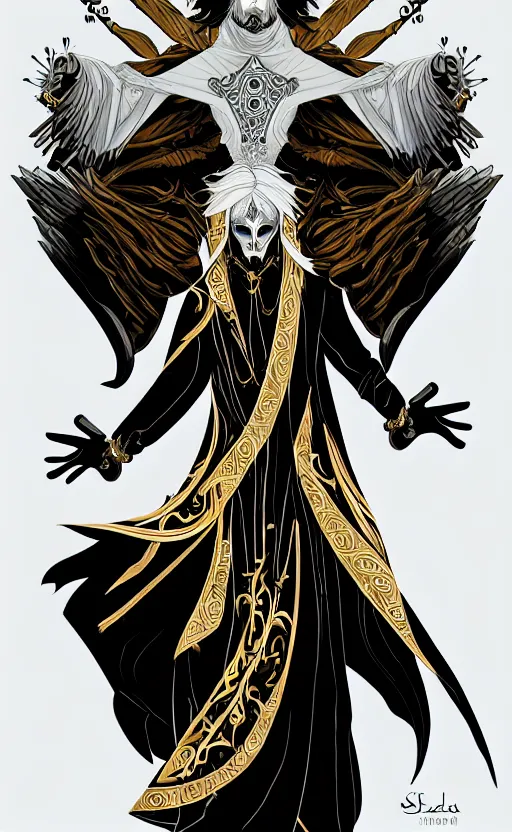 Image similar to raven headed male warlock doing wind magic, white and gold robes, exquisite details, full body character design on a white background, by studio muti