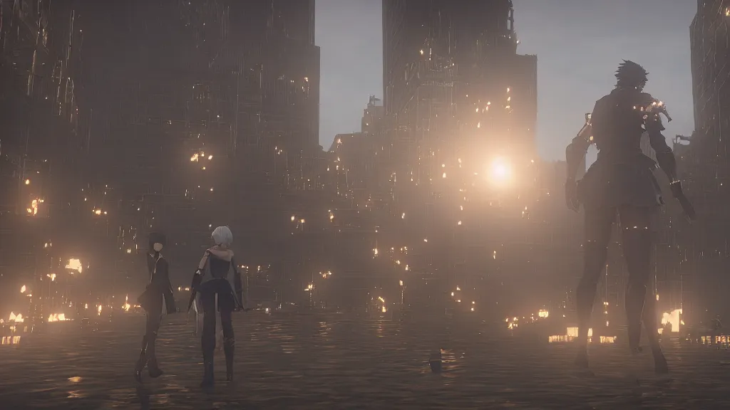 Prompt: Screenshot from Nier Automata, near the Statue of Liberty