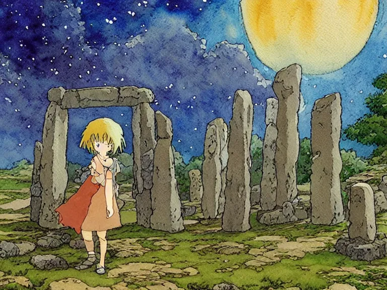 Prompt: a simple watercolor studio ghibli movie still fantasy concept art of a giant wizard playing with stones like they are toys in a tiny stonehenge. it is a misty starry night. by rebecca guay, michael kaluta, charles vess
